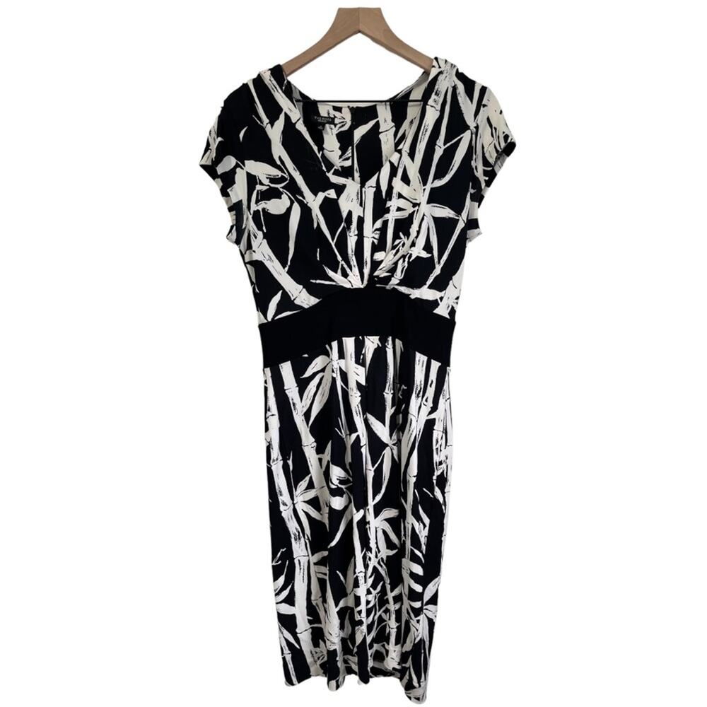 Talbots Black and White V-Neck Bamboo Design Cap Sleeve Dress SIze 6